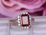 2ct Emerald Cut Red Garnet Engagement Ring Halo Split Shank 14k Rose Gold Finish