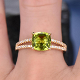 2ct Cushion Cut Green Peridot Engagement Ring Split Shank 14k Yellow Gold Finish