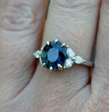 2ct Engagement Ring Oval Cut Blue Sapphire Leaf Accents 14k White Gold Finish