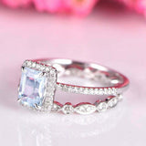 2.3ct Emerald Cut Blue Aquamarine Engagement Ring Bridal Set 14k White Gold Over