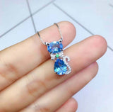 2ct Blue Topaz Pendant Oval Pear Cut Kitten 14k White Gold Finish NO CHAIN