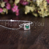 1ct Princess Cut Simulated Green Emerald Halo Pendant Chain 14k WhiteGold Plated