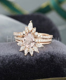3ct Pear Cut Simulated Peach Morganite Curved Crown Trio Set 14k RoseGold Plated