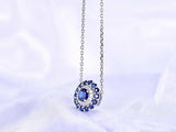 2ct Round Cut Blue Sapphire Pendant with Chain Double Halo 14k White Gold Finish