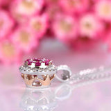1.36ct Round Cut Pink Ruby Diamond Halo Pendant with Chain 14k Dual Gold Finish