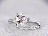 1ct Cushion Cut Morganite Bridal Wedding Set Engagement 14k White Gold Finish