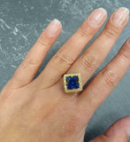 2ct Engagement Ring Princess Cut Blue Sapphire Diamond Halo 14k Yellow Gold Over