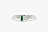 0.4ct Baguette Cut Green Emerald Two Stone Minimalist Ring 14k White Gold Finish