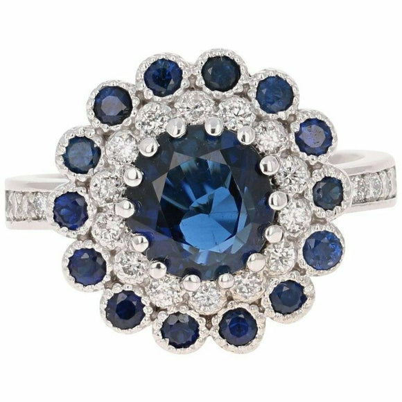 2.2ct Round Cut Blue Sapphire Engagement Ring Double Halo 14k White Gold Finish