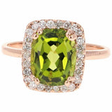 3ct Elongated Cushion Cut Green Peridot Engagement Ring Halo 14k RoseGold Finish
