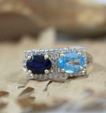 2.5ct Engagement Ring Oval Blue Sapphire Rectangular Halo 14k White Gold Over