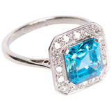 1.6ct Asscher Cut Blue Aquamarine Engagement Ring Halo 14k White Gold Finish