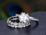 3pc Trio Wedding Bridal Set Vintage Band Engagement Ring 14k White Gold Finish