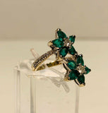 2ct Pear Cut Green Emerald Engagement Ring Double Flower 14k Yellow Gold Finish