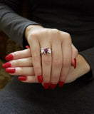 2.4ct Engagement Ring Oval Cut Pink Ruby Swirl Trilogy 14k White Gold Finish