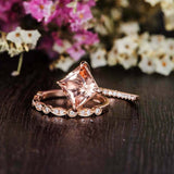2ct Princess Cut Morganite Milgrain Bridal Set Engagement Ring 14k RoseGold Over