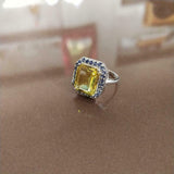 2.7ct Emerald Cut Yellow Citrine Blue Sapphire Halo Ring 14k White Gold Finish