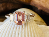 2ct Emerald Cut Simulated Peach Morganite Three Stone Ring 14k White Gold Plated