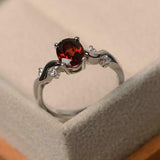 1ct Oval Cut Red Garnet Solitaire Round Wavy Accent Ring 14k White Gold Finish