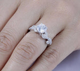 2.1ct Round Cut Moissanite Leaf Milgrain Engagement Ring 14k White Gold Plated