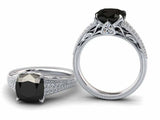 3ct Cushion Cut Black Diamond Cluster Accent Milgrain Ring 14k White Gold Finish