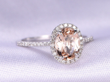 2.3ct Oval Cut Peach Morganite Diamond Halo Solitaire Ring 14k White Gold Finish