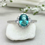 2.3ct Oval Cut Blue Aquamarine Diamond Accent Halo Ring 14k White Gold Finish