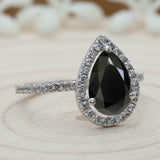 2ct Pear Cut Black Diamond Engagement Ring Halo 14k WhiteGold Finish with Accent