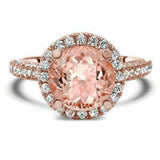 4.5ct Round Cut Peach Morganite Diamond Accents Halo Ring 14K Rose Gold Finish