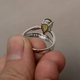 1.5ct Pear Cut Green Peridot Crown Design Engagement Ring 18k White Gold Finish