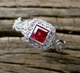 2Ct Princess Cut Pink Ruby Vintage Halo Engagement Ring 14K White Gold Finish