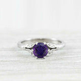 0.65ct Round Cut Purple Amethyst Floral Leaf Inspired Ring 14k White Gold Finish