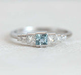2ct Princess Cut Blue Aquamarine Solitaire with Accents Ring 14k White Gold Over