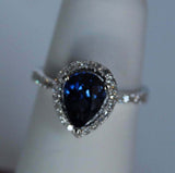1.8ct Engagement Ring Pear Cut Blue Sapphire Diamond Halo 14k White Gold Finish