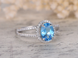 2.3ct Oval Cut Blue Topaz Engagement Ring Halo Split Shank 14k White Gold Finish
