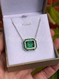 1.5ct Green Emerald Simulated Dual Halo Pendant 14k White Gold Plated NO CHAIN