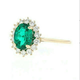 2ct Engagement Ring Oval Cut Green Emerald Floral Halo 14k Yellow Gold Finish