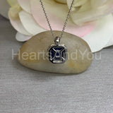 1ct Asscher Cut Simulated Blue Sapphire Halo Pendant Chain 14k White Gold Plated
