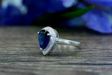 2ct Pear Cut Blue Sapphire Engagement Ring Halo Solitaire 14k White Gold Finish