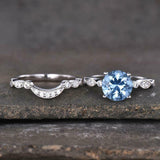 2.2ct Engagement Ring Round Cut Blue Topaz Curved Bridal Set 14k White Gold Over