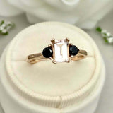 1ct Engagement Ring Emerald Cut Peach Morganite Trilogy 14k Yellow Gold Finish