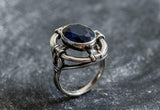 1.3ct Engagement Ring Oval Cut Blue Sapphire Open Halo 14k White Gold Finish