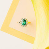 2.3ct Oval Cut Green Emerald Engagement Ring Floral Halo 14k Yellow Gold Finish