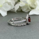 1.6ct Pear Cut Red Garnet Halo Bridal Set Engagement Ring 14k White Gold Finish