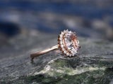 3ct Oval Peach Morganite Floral Diamond Halo Engagement Ring 14K Rose Gold Over