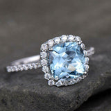 2.2ct Engagement Ring Cushion Cut Blue Topaz Diamond Halo 14k White Gold Finish