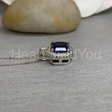 1ct Asscher Cut Simulated Blue Sapphire Halo Pendant Chain 14k White Gold Plated