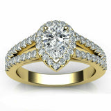 3ct Pear Cut Diamond Split Shank Band Engagement Ring 14k Yellow Gold Finish