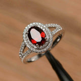 2.4ct Oval Cut Red Garnet Halo Split Shank Engagement Ring 14k White Gold Finish