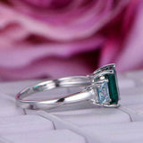 1.9ct Green Emerald Cut Engagement Ring Solitaire Trilogy 14k White Gold Finish